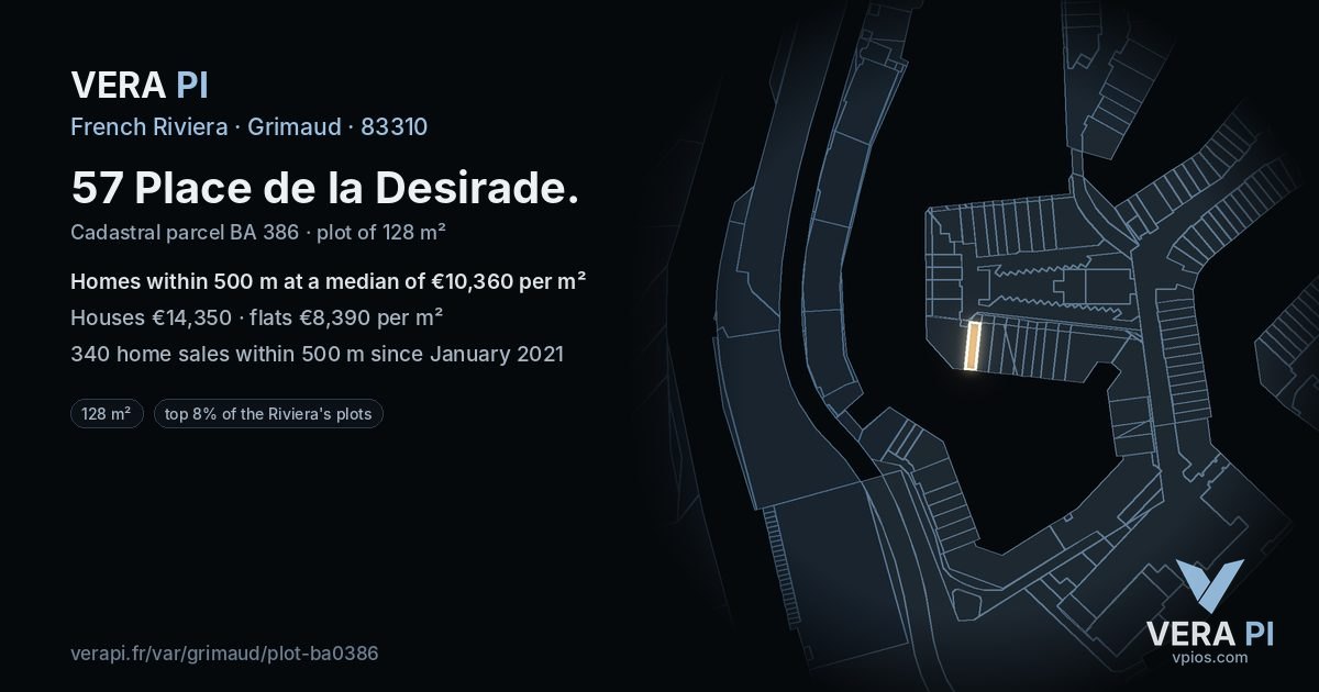 57 Place de la Desirade, Grimaud at night – the plot lit, the parcels around coloured by the prices near them