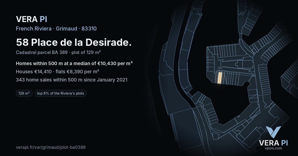 58 Place de la Desirade, Grimaud at night – the plot lit, the parcels around coloured by the prices near them