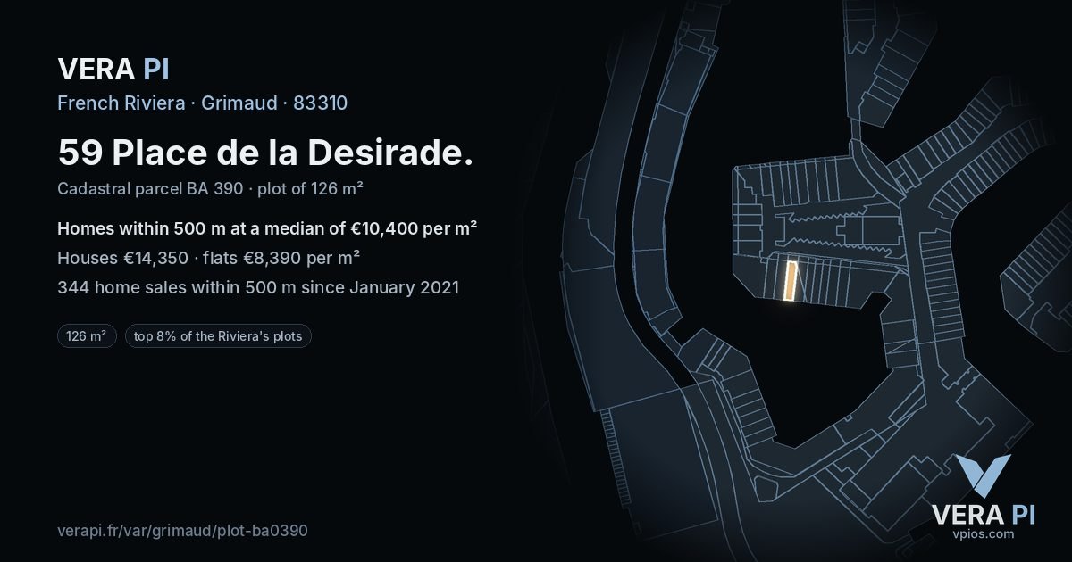59 Place de la Desirade, Grimaud at night – the plot lit, the parcels around coloured by the prices near them