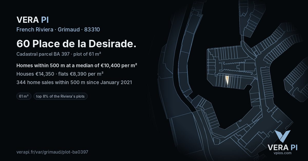 60 Place de la Desirade, Grimaud at night – the plot lit, the parcels around coloured by the prices near them