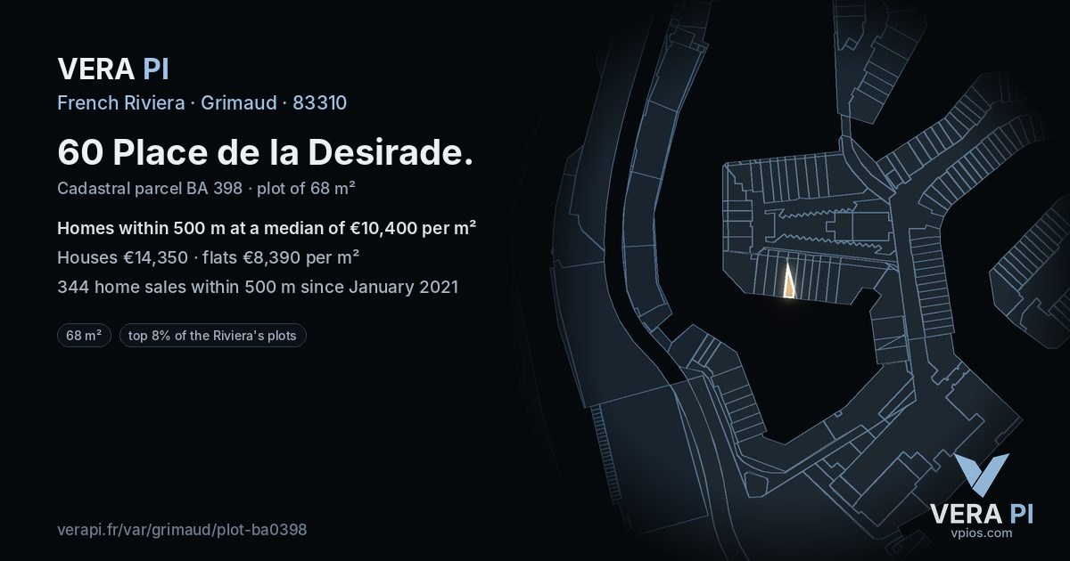 60 Place de la Desirade, Grimaud at night – the plot lit, the parcels around coloured by the prices near them