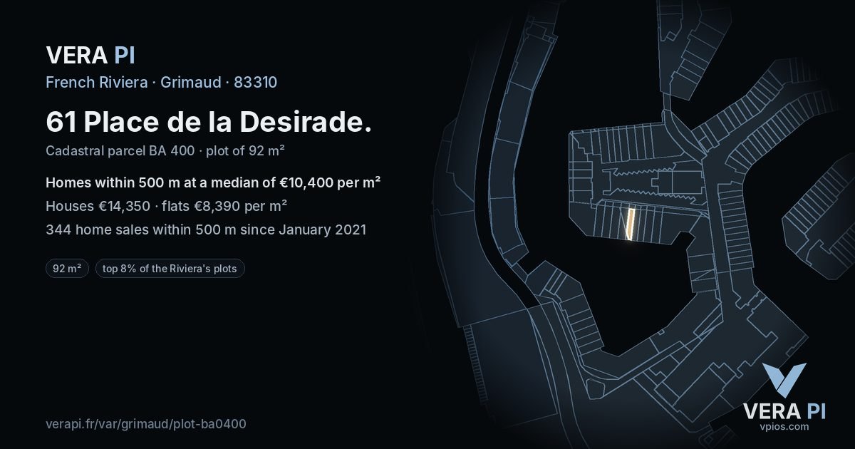 61 Place de la Desirade, Grimaud at night – the plot lit, the parcels around coloured by the prices near them