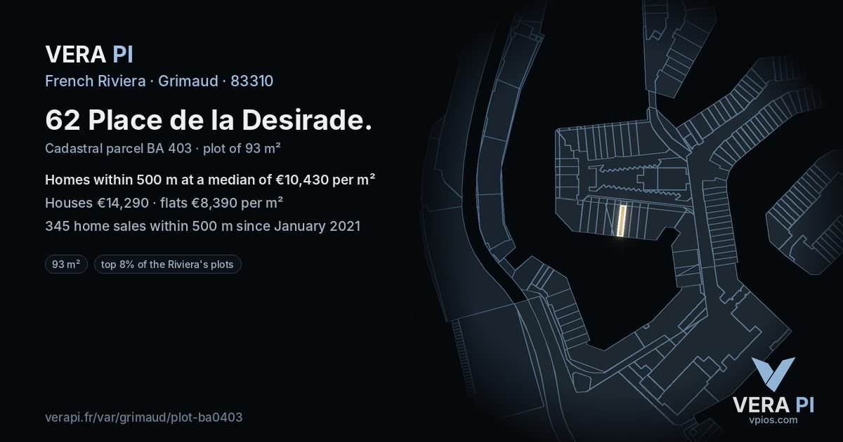 62 Place de la Desirade, Grimaud at night – the plot lit, the parcels around coloured by the prices near them