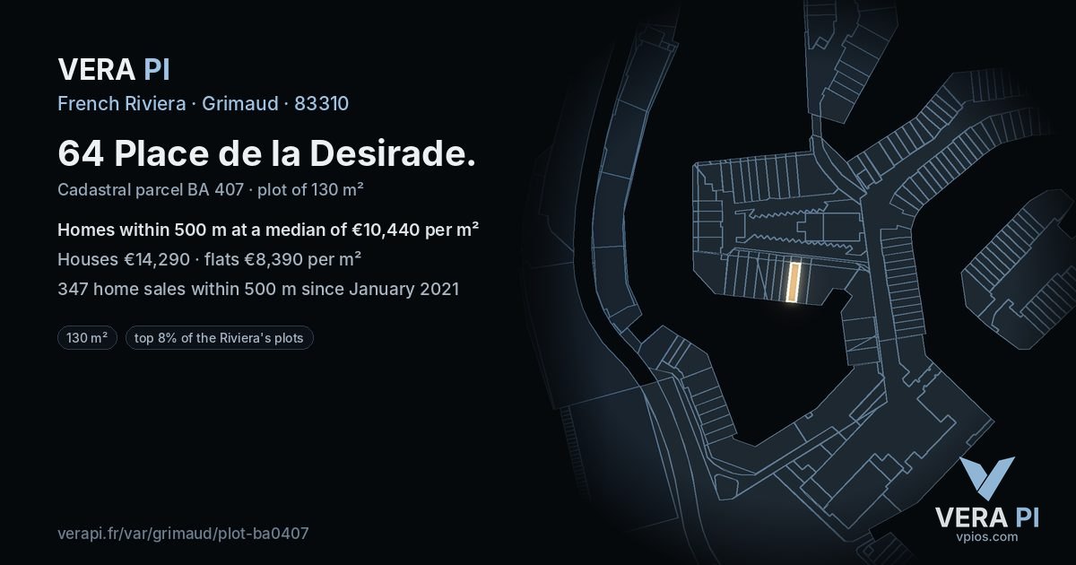 64 Place de la Desirade, Grimaud at night – the plot lit, the parcels around coloured by the prices near them