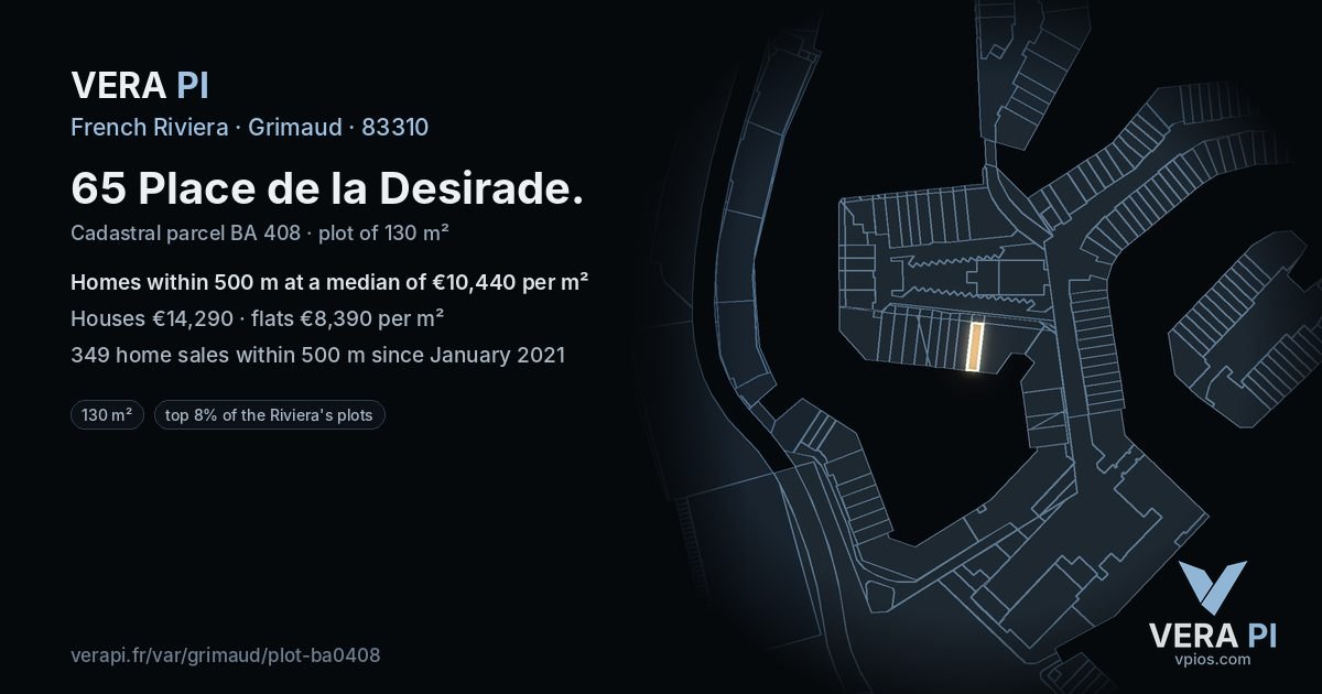 65 Place de la Desirade, Grimaud at night – the plot lit, the parcels around coloured by the prices near them