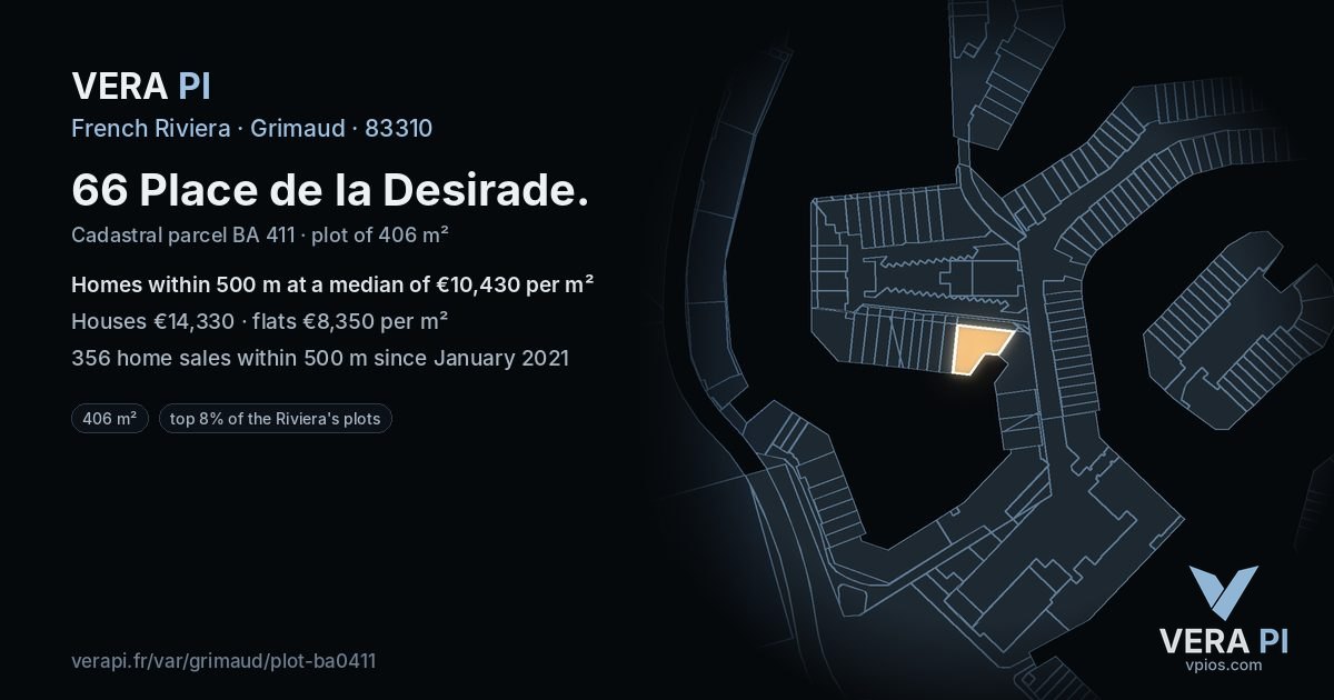 66 Place de la Desirade, Grimaud at night – the plot lit, the parcels around coloured by the prices near them