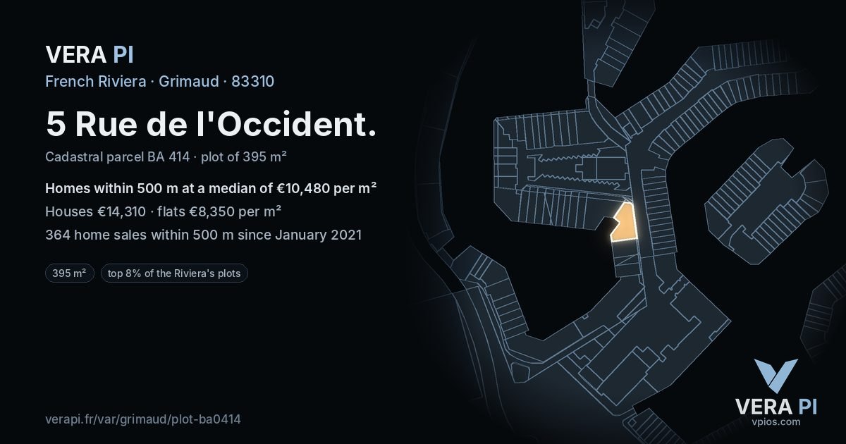 5 Rue de l'Occident, Grimaud at night – the plot lit, the parcels around coloured by the prices near them