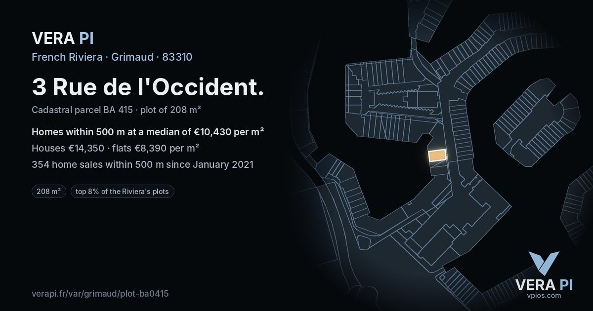 3 Rue de l'Occident, Grimaud at night – the plot lit, the parcels around coloured by the prices near them