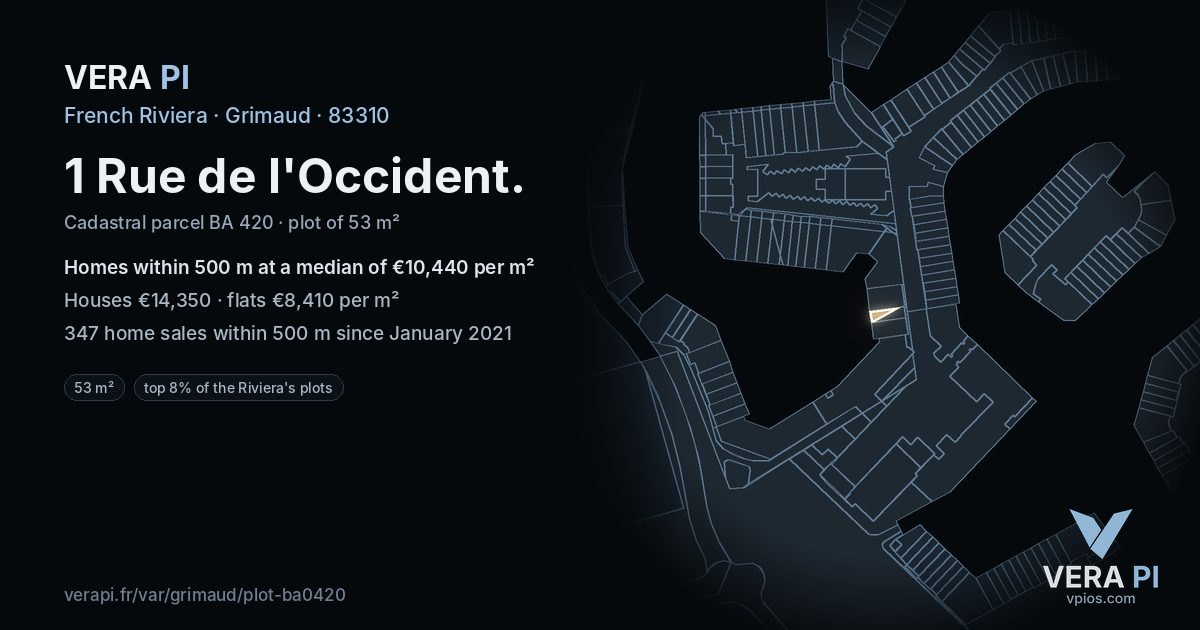 1 Rue de l'Occident, Grimaud at night – the plot lit, the parcels around coloured by the prices near them