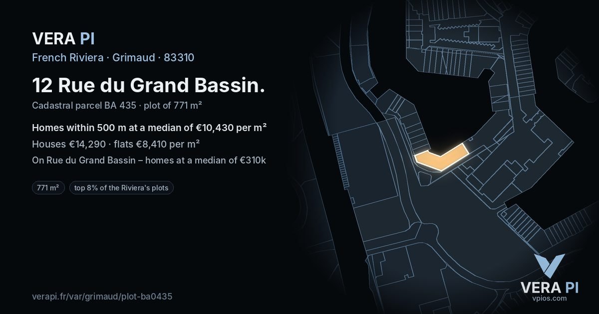 12 Rue du Grand Bassin, Grimaud at night – the plot lit, the parcels around coloured by the prices near them