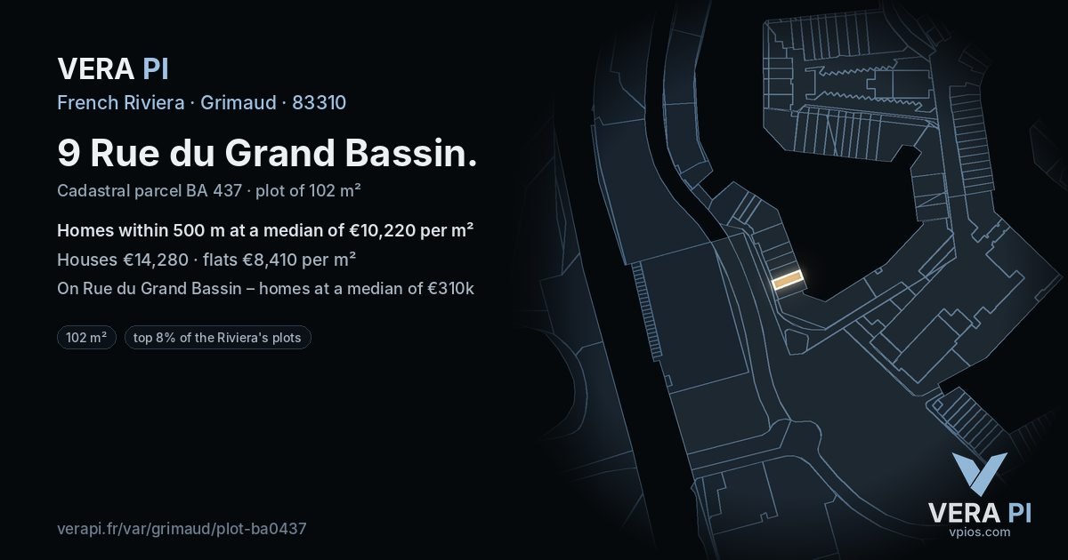 9 Rue du Grand Bassin, Grimaud at night – the plot lit, the parcels around coloured by the prices near them