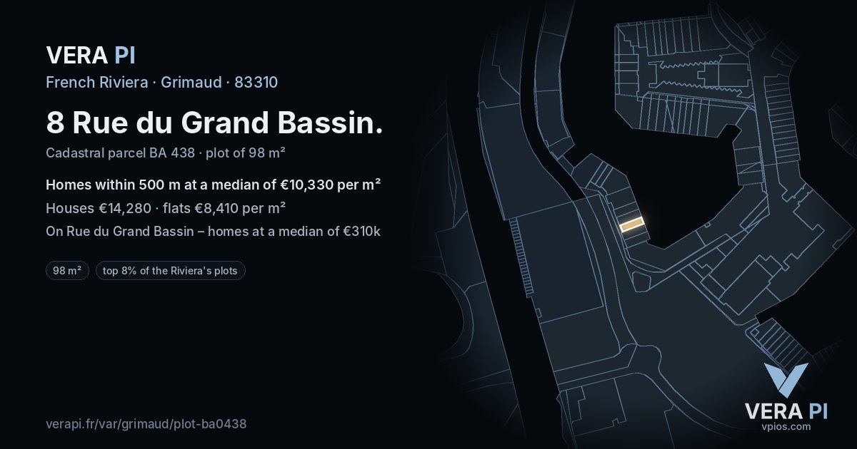 8 Rue du Grand Bassin, Grimaud at night – the plot lit, the parcels around coloured by the prices near them