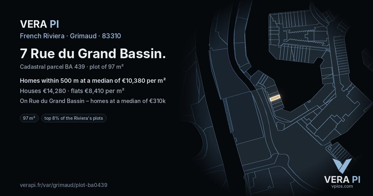 7 Rue du Grand Bassin, Grimaud at night – the plot lit, the parcels around coloured by the prices near them
