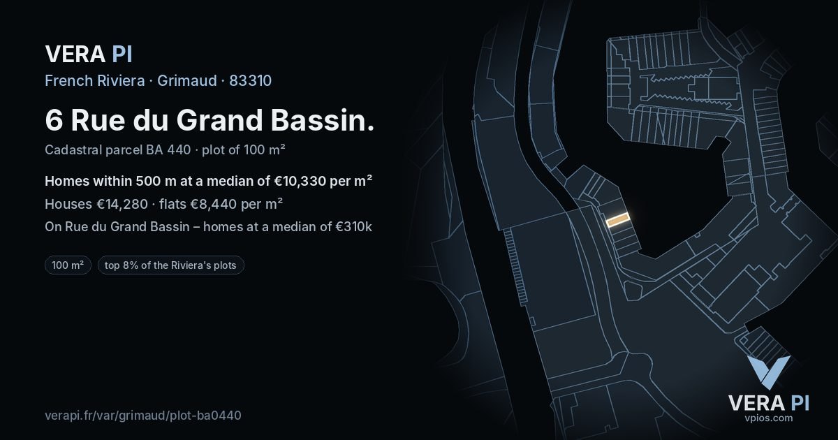 6 Rue du Grand Bassin, Grimaud at night – the plot lit, the parcels around coloured by the prices near them