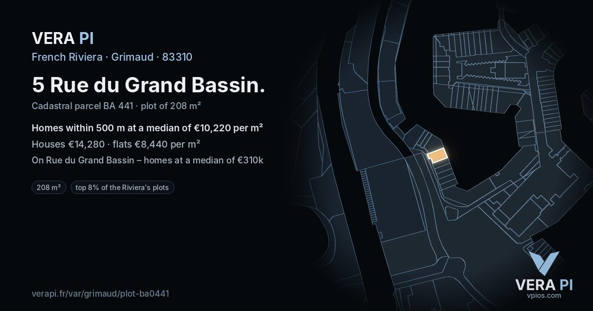 5 Rue du Grand Bassin, Grimaud at night – the plot lit, the parcels around coloured by the prices near them