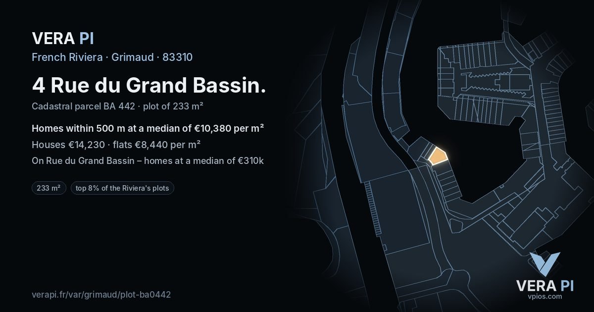 4 Rue du Grand Bassin, Grimaud at night – the plot lit, the parcels around coloured by the prices near them