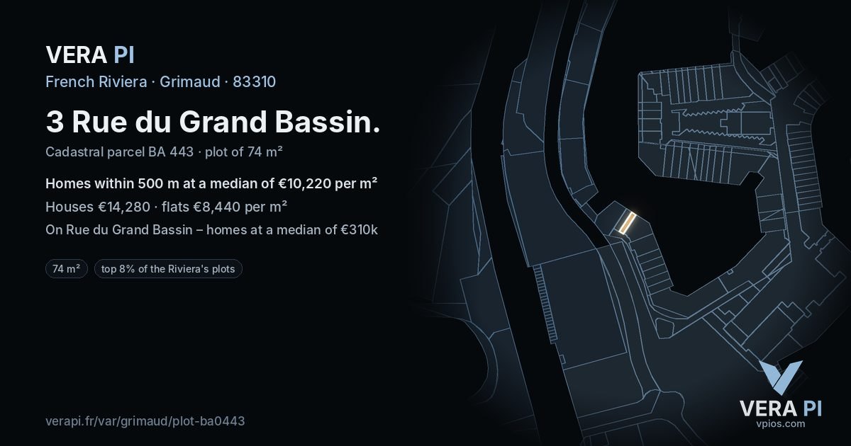 3 Rue du Grand Bassin, Grimaud at night – the plot lit, the parcels around coloured by the prices near them
