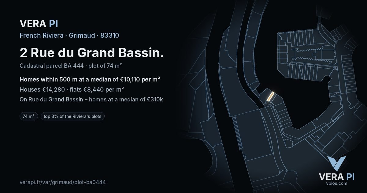 2 Rue du Grand Bassin, Grimaud at night – the plot lit, the parcels around coloured by the prices near them