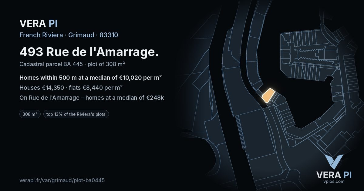 493 Rue de l'Amarrage, Grimaud at night – the plot lit, the parcels around coloured by the prices near them