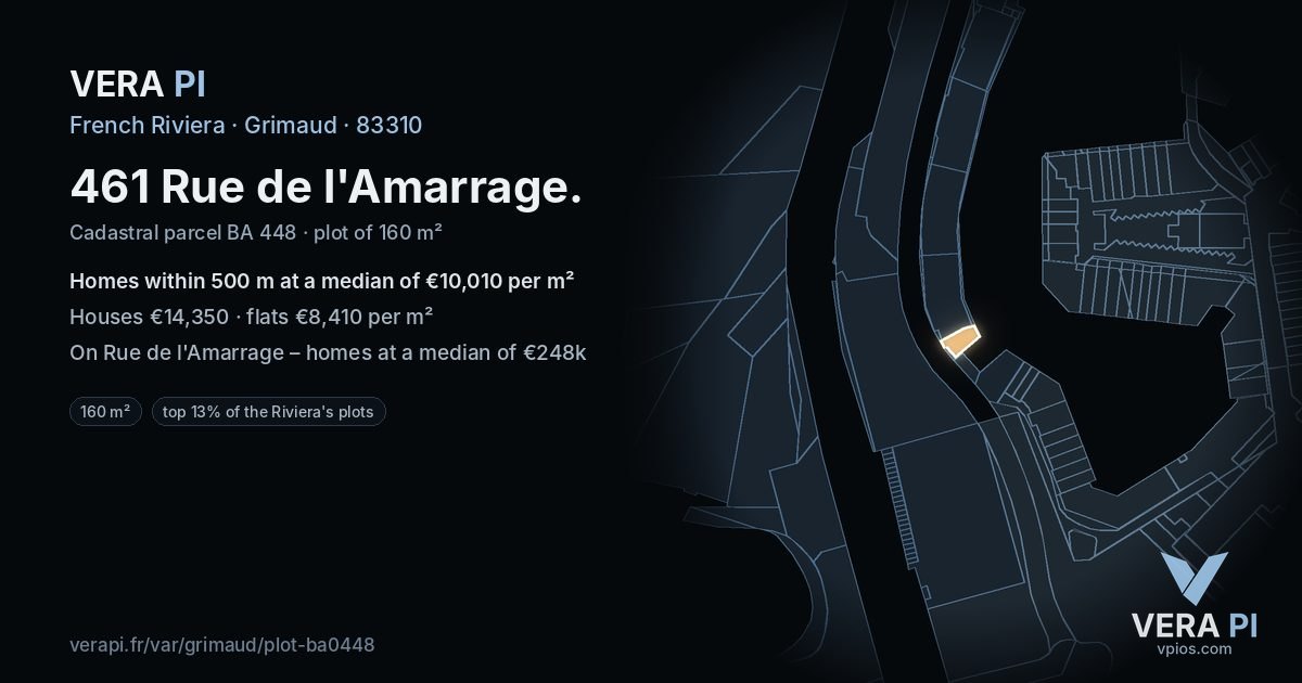 461 Rue de l'Amarrage, Grimaud at night – the plot lit, the parcels around coloured by the prices near them