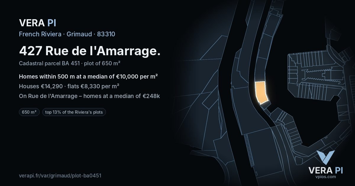 427 Rue de l'Amarrage, Grimaud at night – the plot lit, the parcels around coloured by the prices near them