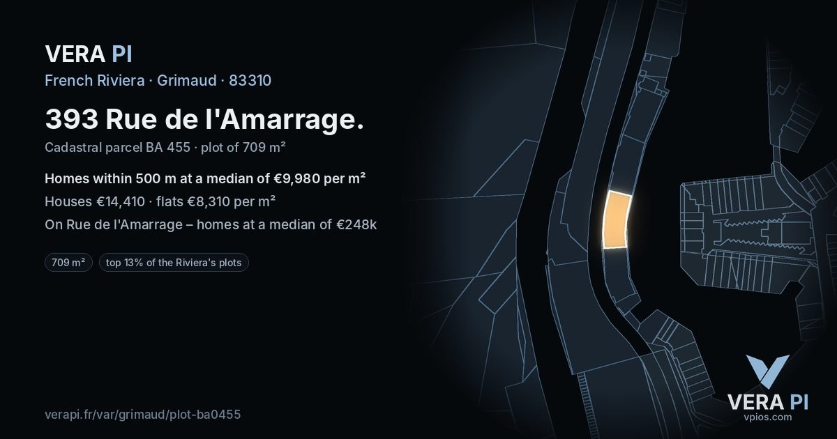 393 Rue de l'Amarrage, Grimaud at night – the plot lit, the parcels around coloured by the prices near them