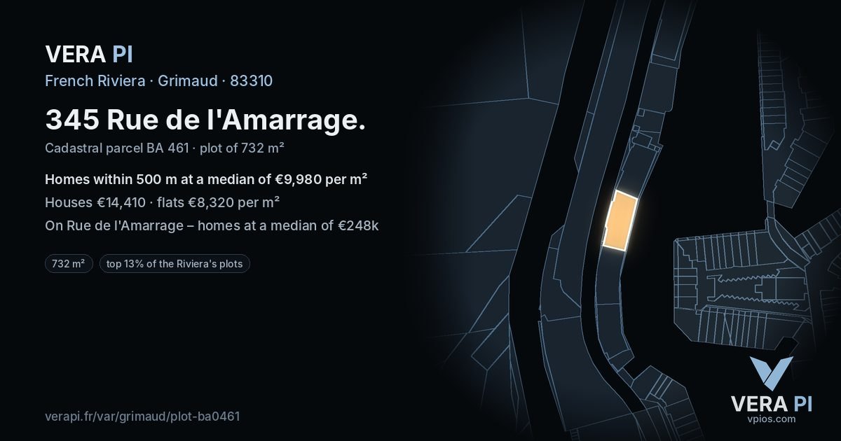 345 Rue de l'Amarrage, Grimaud at night – the plot lit, the parcels around coloured by the prices near them