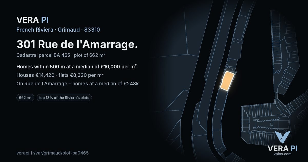 301 Rue de l'Amarrage, Grimaud at night – the plot lit, the parcels around coloured by the prices near them