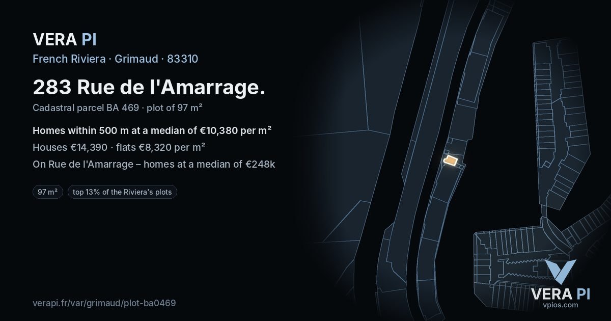 283 Rue de l'Amarrage, Grimaud at night – the plot lit, the parcels around coloured by the prices near them