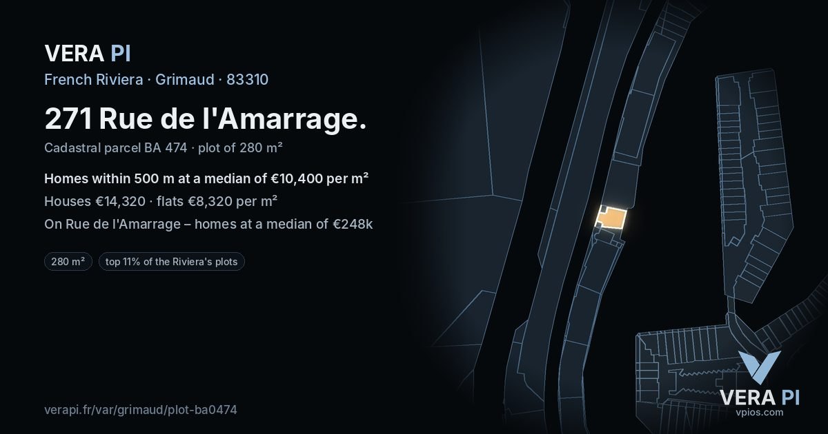271 Rue de l'Amarrage, Grimaud at night – the plot lit, the parcels around coloured by the prices near them