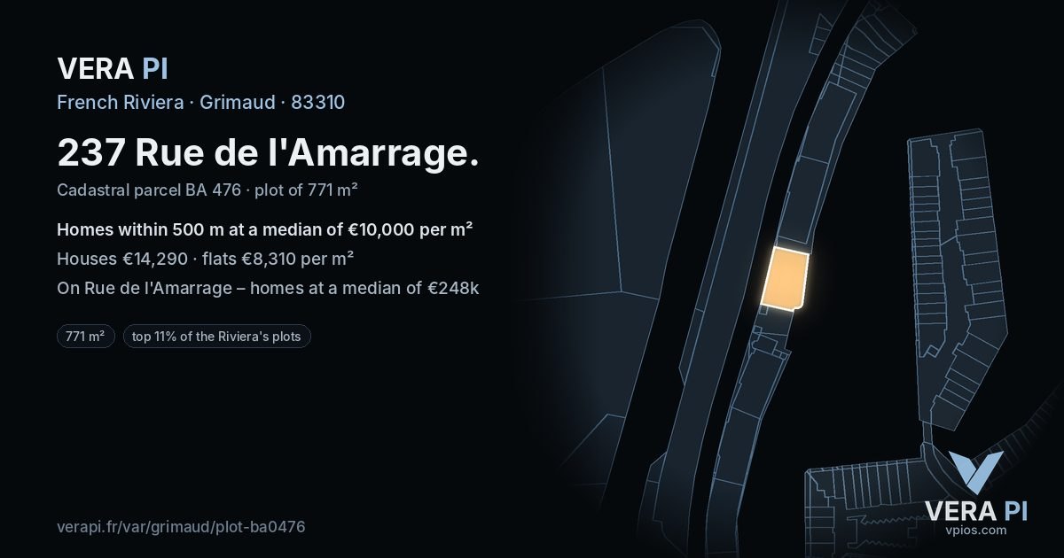 237 Rue de l'Amarrage, Grimaud at night – the plot lit, the parcels around coloured by the prices near them