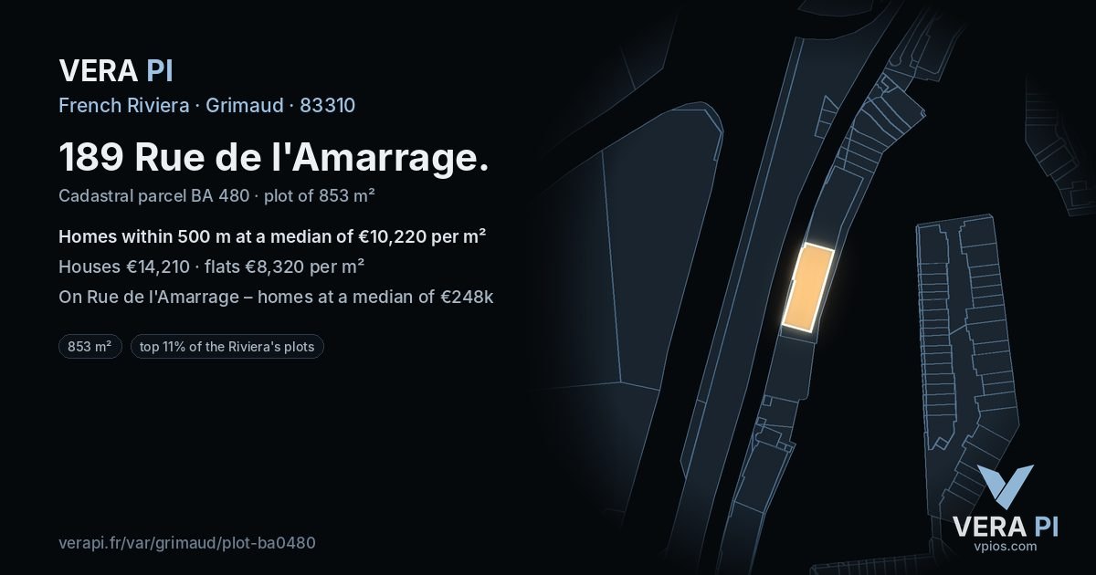 189 Rue de l'Amarrage, Grimaud at night – the plot lit, the parcels around coloured by the prices near them
