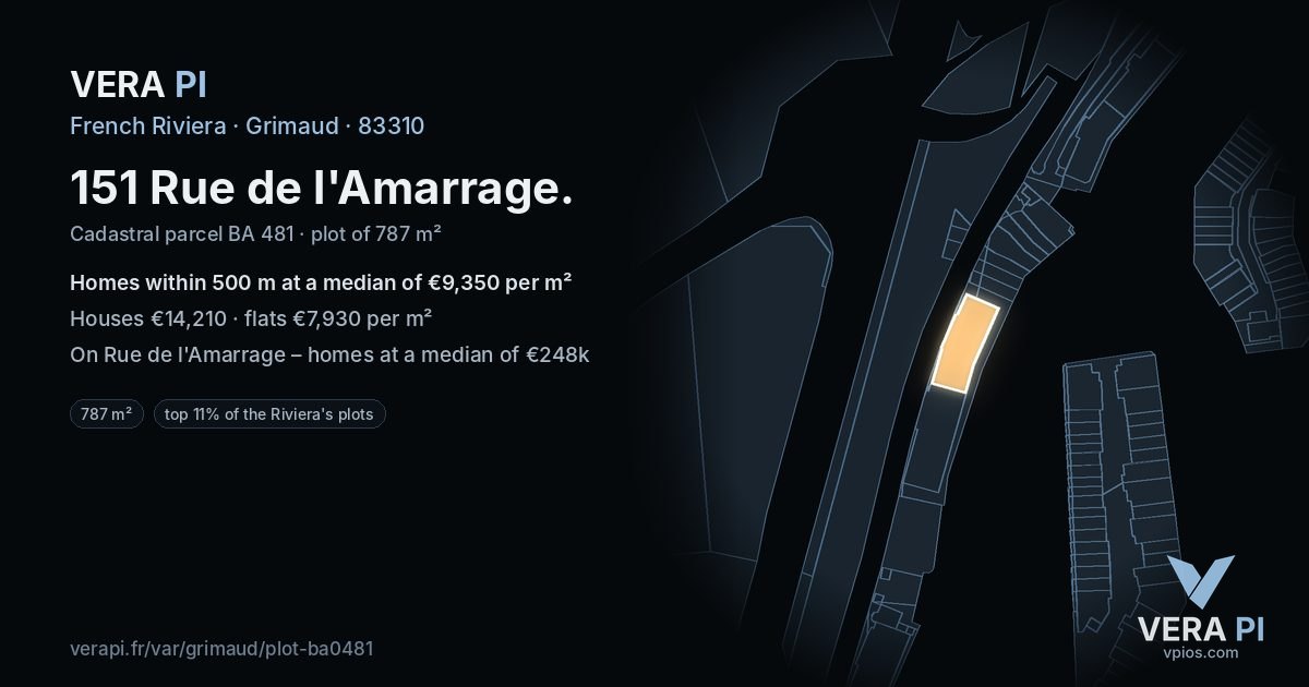 151 Rue de l'Amarrage, Grimaud at night – the plot lit, the parcels around coloured by the prices near them