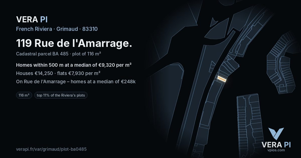 119 Rue de l'Amarrage, Grimaud at night – the plot lit, the parcels around coloured by the prices near them