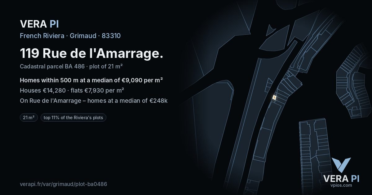119 Rue de l'Amarrage, Grimaud at night – the plot lit, the parcels around coloured by the prices near them