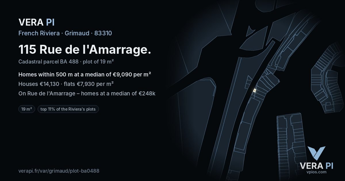 115 Rue de l'Amarrage, Grimaud at night – the plot lit, the parcels around coloured by the prices near them