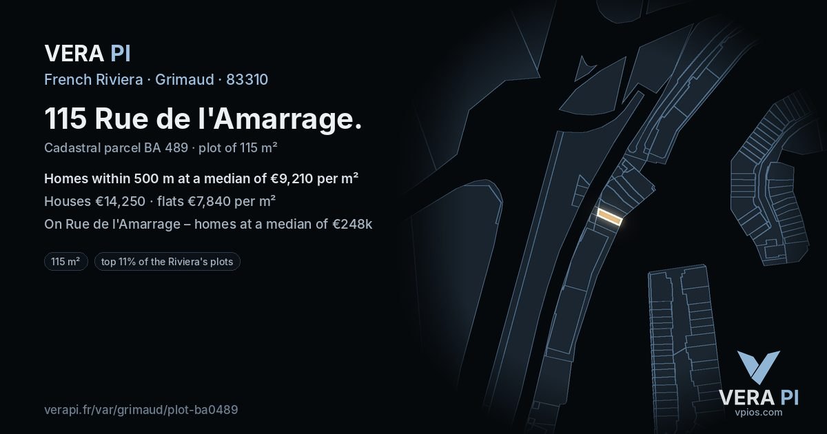 115 Rue de l'Amarrage, Grimaud at night – the plot lit, the parcels around coloured by the prices near them