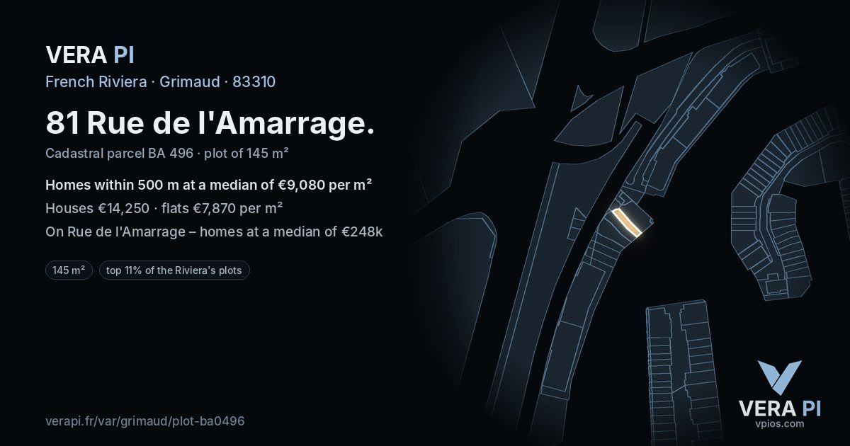 81 Rue de l'Amarrage, Grimaud at night – the plot lit, the parcels around coloured by the prices near them
