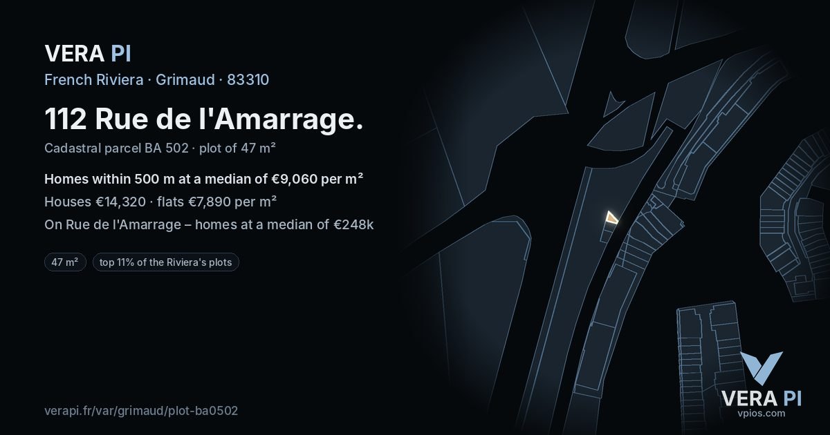112 Rue de l'Amarrage, Grimaud at night – the plot lit, the parcels around coloured by the prices near them