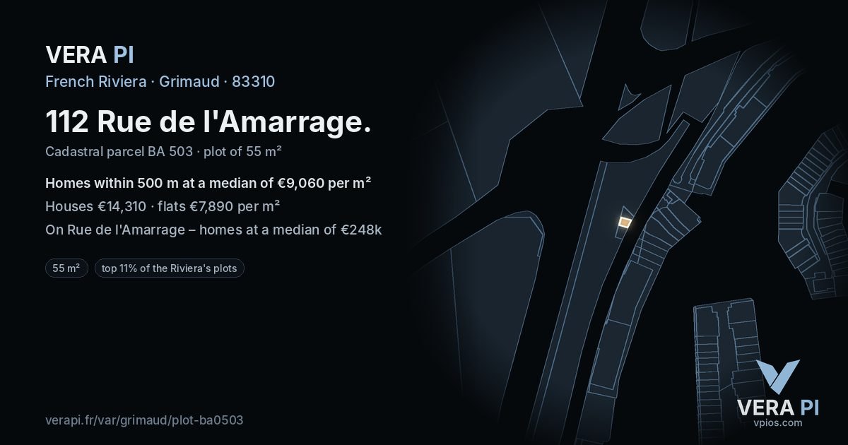112 Rue de l'Amarrage, Grimaud at night – the plot lit, the parcels around coloured by the prices near them