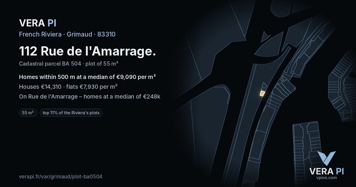 112 Rue de l'Amarrage, Grimaud at night – the plot lit, the parcels around coloured by the prices near them