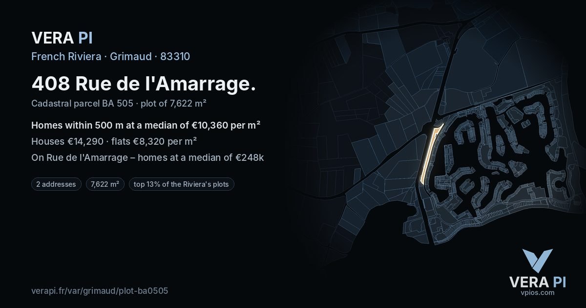 408 Rue de l'Amarrage, Grimaud at night – the plot lit, the parcels around coloured by the prices near them
