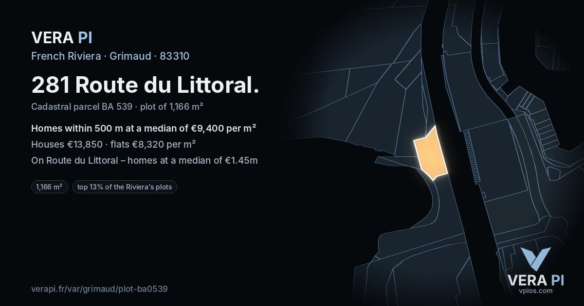281 Route du Littoral, Grimaud at night – the plot lit, the parcels around coloured by the prices near them