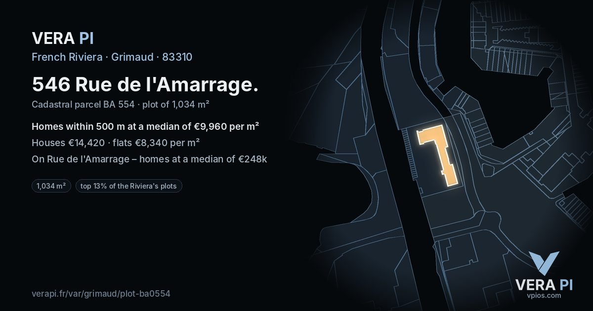 546 Rue de l'Amarrage, Grimaud at night – the plot lit, the parcels around coloured by the prices near them