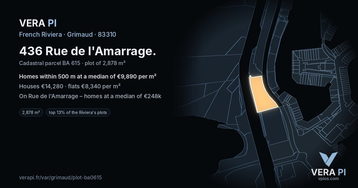 436 Rue de l'Amarrage, Grimaud at night – the plot lit, the parcels around coloured by the prices near them