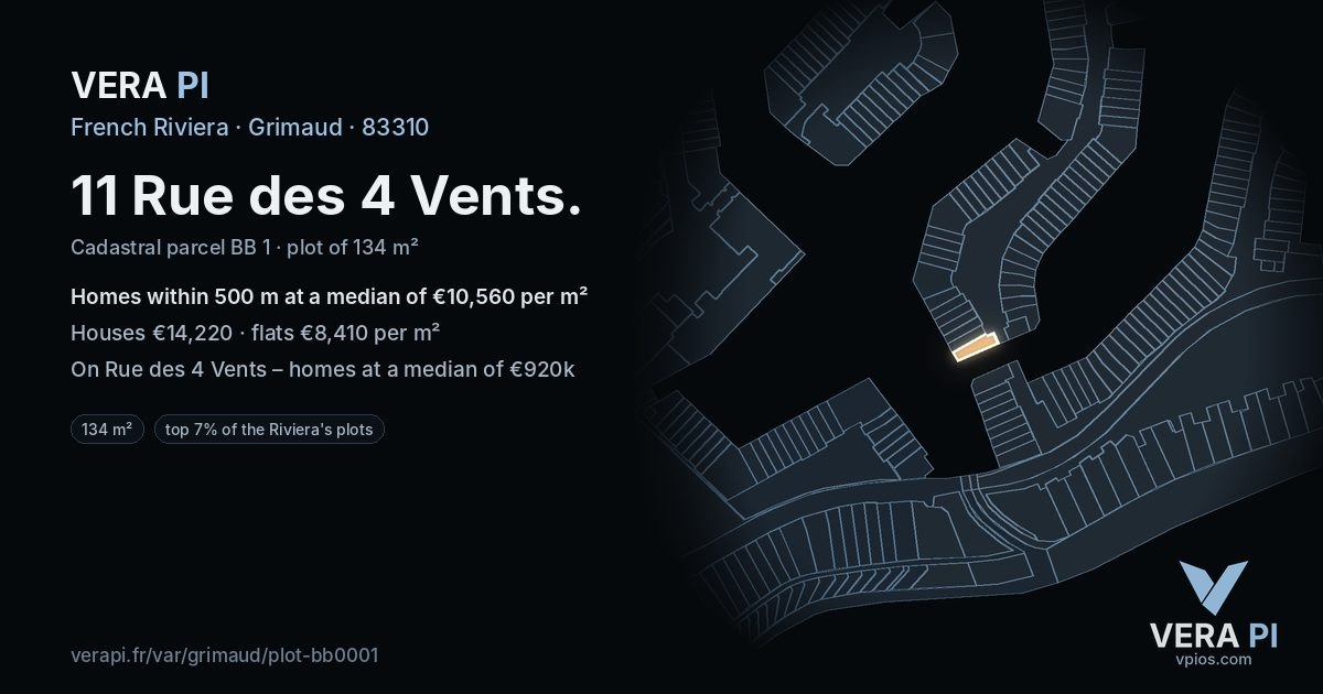 11 Rue des 4 Vents, Grimaud at night – the plot lit, the parcels around coloured by the prices near them