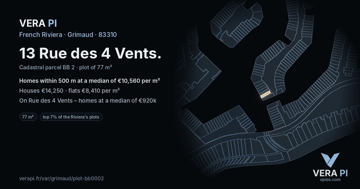 13 Rue des 4 Vents, Grimaud at night – the plot lit, the parcels around coloured by the prices near them