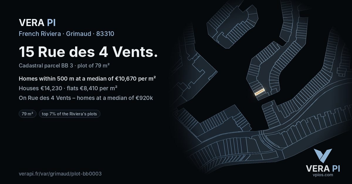 15 Rue des 4 Vents, Grimaud at night – the plot lit, the parcels around coloured by the prices near them