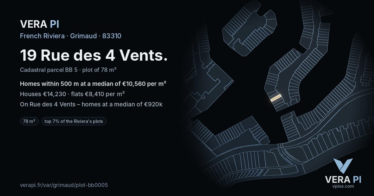 19 Rue des 4 Vents, Grimaud at night – the plot lit, the parcels around coloured by the prices near them