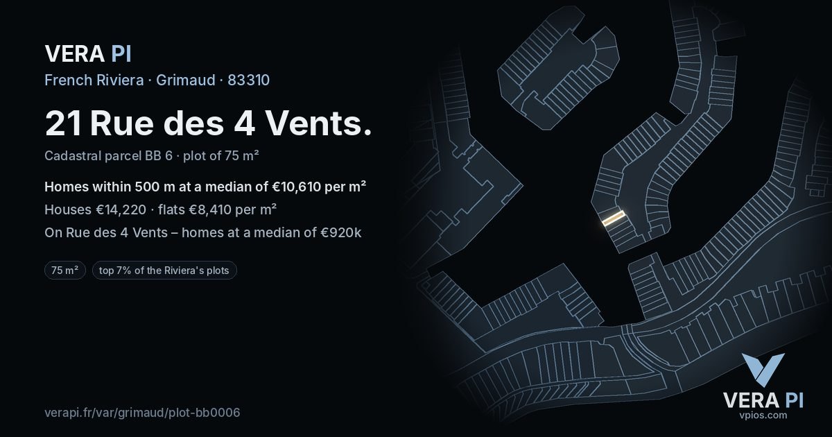 21 Rue des 4 Vents, Grimaud at night – the plot lit, the parcels around coloured by the prices near them